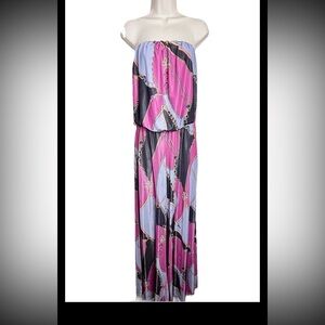 Dots Women’s Satin Strapless Baroque Print Jumpsuit L Pink Black Gold Wide Leg
